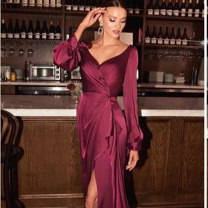 Cinderella Divine Burgundy satin long sleeve gown